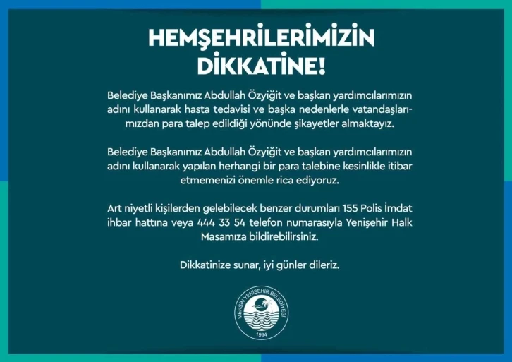 Yenişehir Belediyesi dolandırıcılara karşı vatandaşları uyardı
