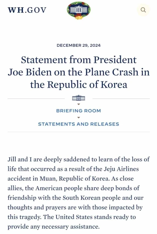 ABD Başkanı Biden’dan Güney Kore’deki uçak kazası ile ilgili açıklama: “Derin üzüntü duyuyoruz”
