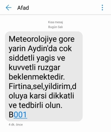 AFAD Aydınlıları cep telefonlarına gönderdiği mesaj ile uyardı
