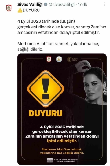 Amcası ölen ünlü sanatçının Sivas konseri iptal edildi
