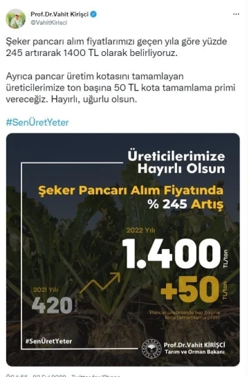 Bakan Kirişci: “Şeker pancarı alım fiyatlarımızı geçen yıla göre yüzde 245 artırarak bin 400 TL olarak belirliyoruz”
