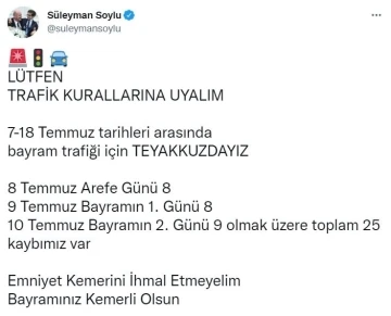 Bakan Soylu: “7-18 Temmuz tarihleri arasında bayram trafiği için teyakkuzdayız”
