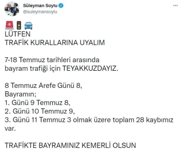 Bakan Soylu, arefe ve bayramın ilk 3 gününde trafikte 28 can kaybının yaşandığını duyurdu
