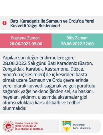 Batı Karadeniz ile Samsun ve Ordu için kuvvetli sağanak uyarısı
