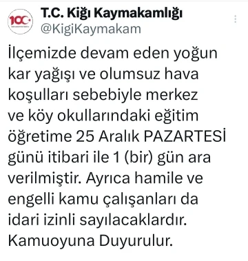 Bingöl’ün 4 ilçesinde taşımalı eğitime ara verildi
