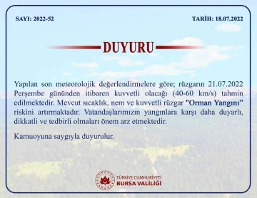 Bursa Valiliğinden orman yangını uyarısı
