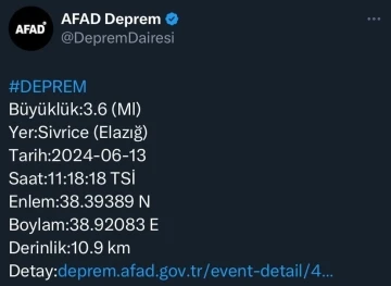 Elazığ’da 3.6 büyüklüğünde deprem
