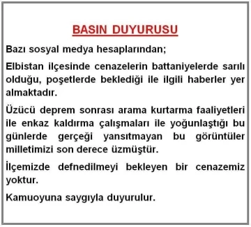 Elbistan Kaymakamlığı: &quot;İlçemizde defnedilmeyi bekleyen bir cenazemiz yoktur&quot;
