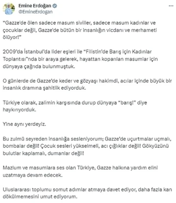 Emine Erdoğan: “Türkiye olarak zalimin karşısında durup dünyaya ‘barış’ diye haykırıyorduk, yine aynı yerdeyiz”
