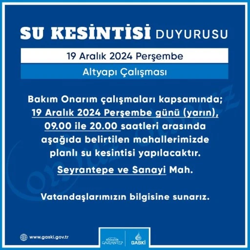 Gaziantep’te Yarın Planlı Su Kesintisi Yapılacak