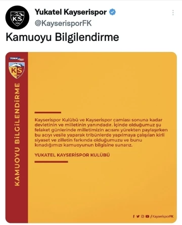 Kayserispor’dan Açıklama: &quot;Kayserispor camiası sonuna kadar devletinin ve milletinin yanındadır&quot;
