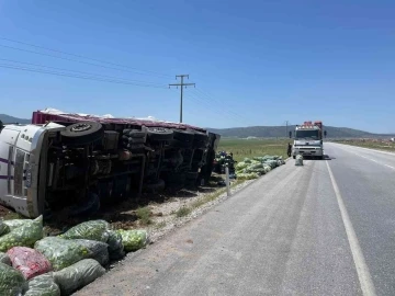 Kontrolden çıkan dolmalık biber yüklü kamyon refüje devrildi
