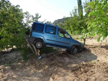 Kontrolden çıkan hafif ticari araç kiraz bahçesine uçtu
