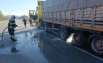 Lastikleri tutuşan tır erken müdahaleyle kurtarıldı