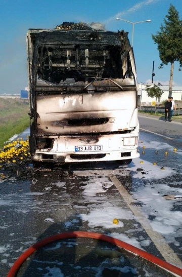 Limon yüklü kamyon seyir halindeyken alev aldı