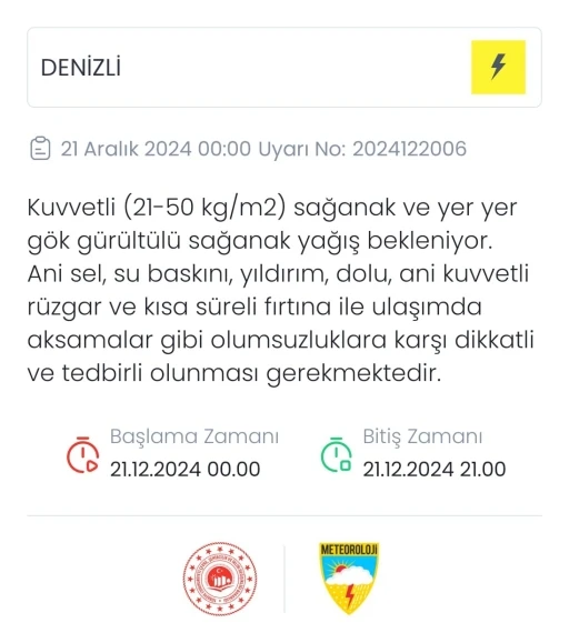 Meteoroloji Denizli içi sarı uyarı verdi
