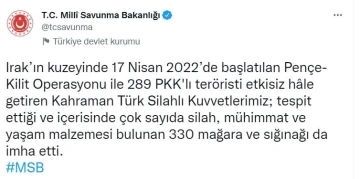 MSB duyurdu: Pençe-Kilit Operasyonunda bugüne kadar 289 terörist etkisiz hale getirildi
