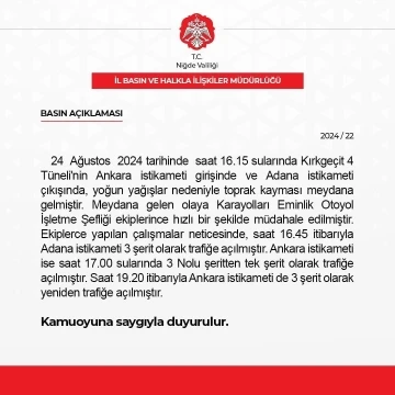 Niğde’de Kırkgeçit 4 Tüneli’nde toprak kayması nedeniyle ulaşım kısa süreli aksadı
