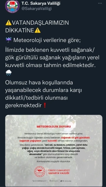 Sakarya Valiliği’nden kuvvetli yağış uyarısı
