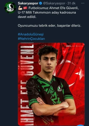 Sakaryasporlu Efe Güvenli, U-17 Milli Takımı aday kadrosuna davet edildi
