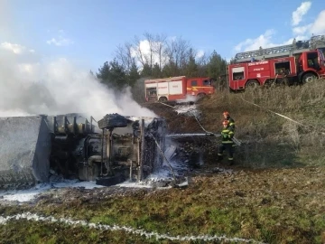 Şarampole devrilen tır alev aldı
