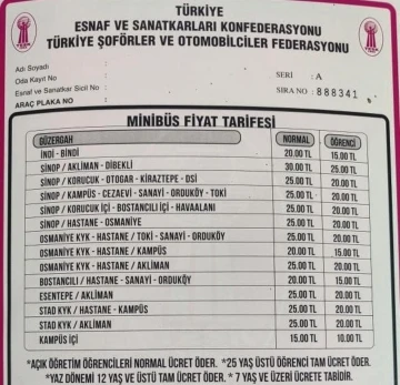 Sinop’ta toplu taşımaya zam
