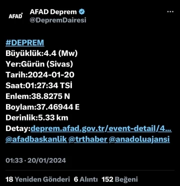 Sivas’ta 4.4 büyüklüğünde deprem
