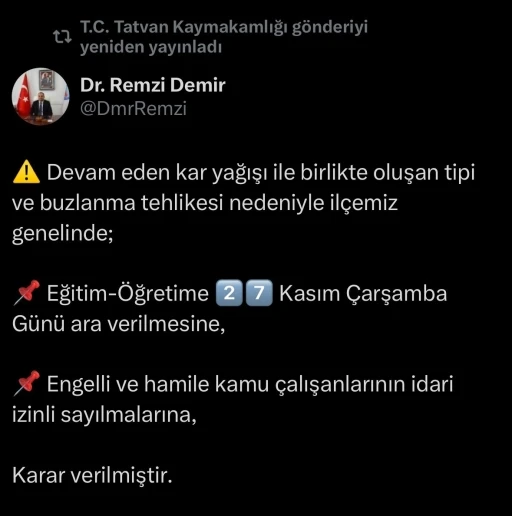 Tatvan’da kar yağışı nedeniyle eğitime ara verildi
