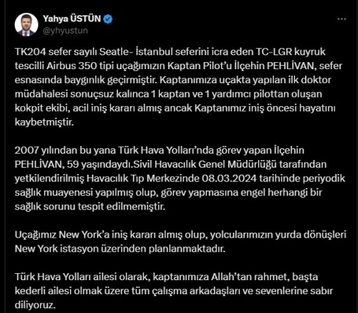 THY kaptan pilotu havada hayatını kaybetti
