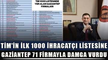 TİM'in ilk 1000 ihracatçı listesine Gaziantep 71 firmayla damga vurdu