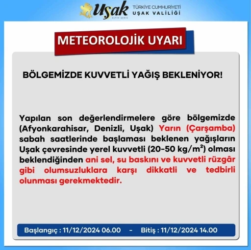 Uşak Valiliğinden kuvvetli yağış uyarısı
