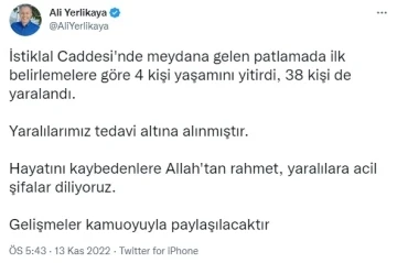 Vali Yerlikaya: &quot;(Taksim’de patlama) 4 kişi yaşamını yitirdi, 38 kişi yaralandı&quot;
