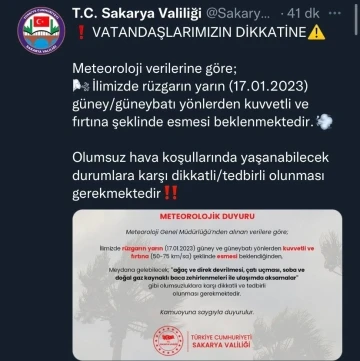 Valilik kuvvetli fırtına için uyardı
