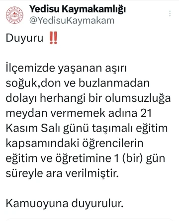 Yedisu’da taşımalı eğitime 1 gün ara verildi
