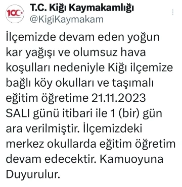 Yedisu’dan sonra Kiğı’da da taşımalı eğitime 1 gün ara verildi
